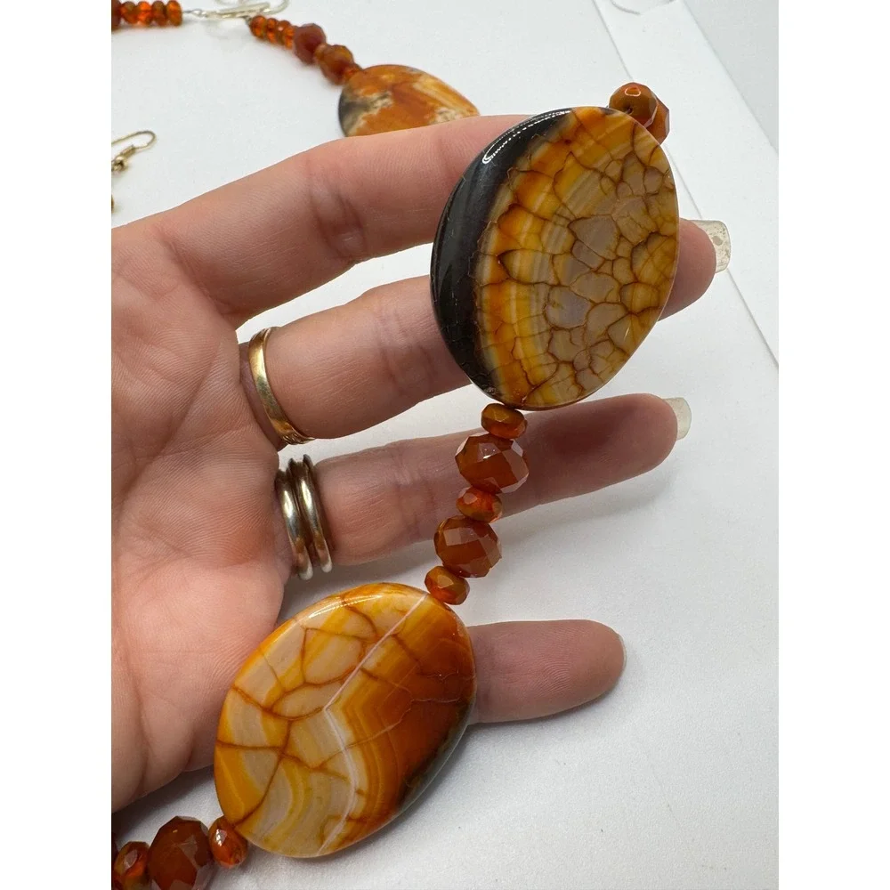 Fire Agate Chunky Beaded Necklace and Dangle Earrings Set Orange Brown Boho